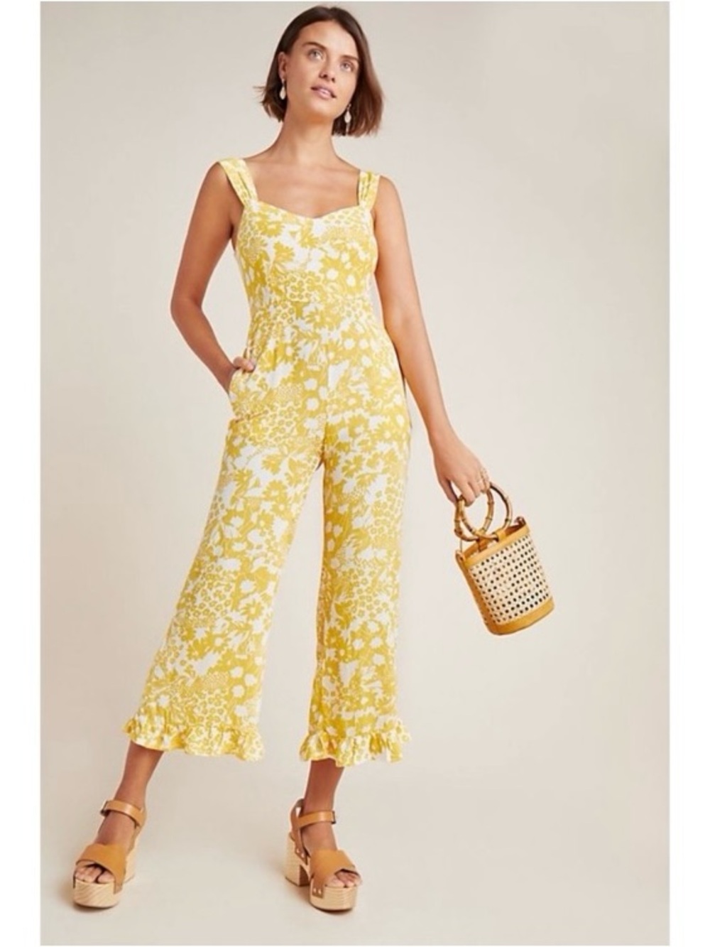 Faithfull the Brand Size 4 Kabash Jumpsuit Romper Yellow Floral Print Ruffle